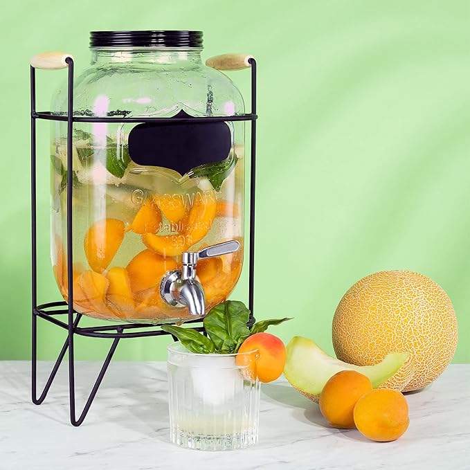 Navaris Drinks Dispenser with Tap & Stand – 5L Rainbow Glass Beverage Dispenser with Stainless Steel Tap & Metal Wire Stand