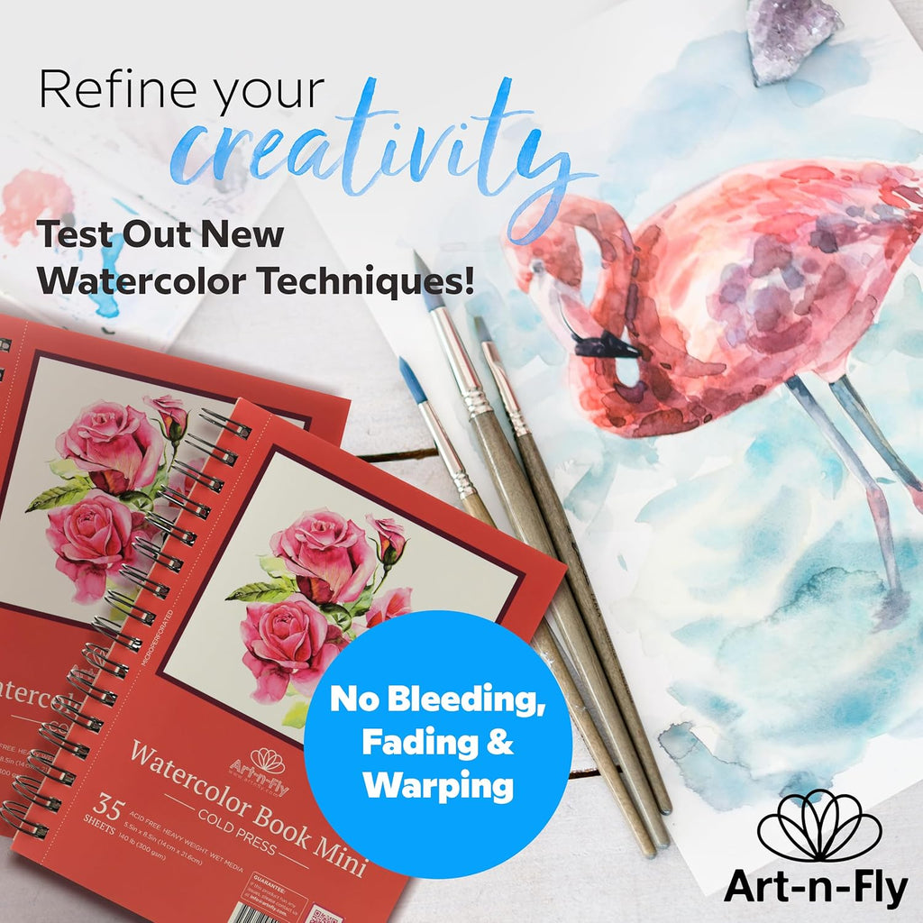 Art-n-Fly A5 Watercolour Sketchpad 2-Pack, 8.5" x 5.5" (22 x 14 cm), 70 Sheets Total, 300 gsm / 140 lb Cold Press Watercolor Paper, Spiral Bound with Microperforated Pages for Painting, Drawing & Mixed Media