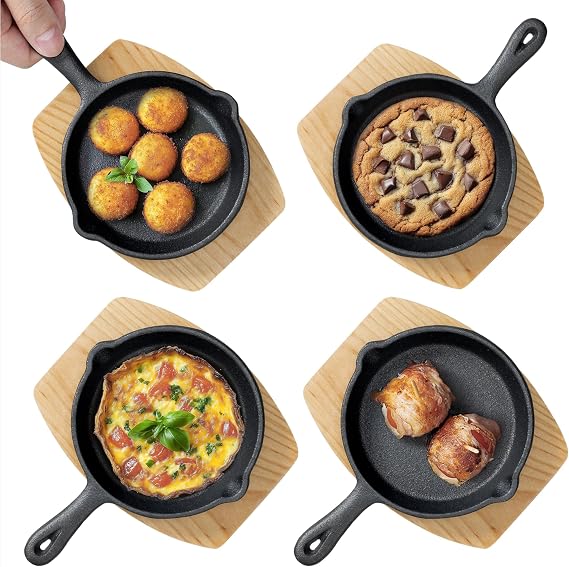 Navaris Cast Iron 6" Skillet Set of 4 – Small Cast Iron Frying Pans with Wooden Serving Bases