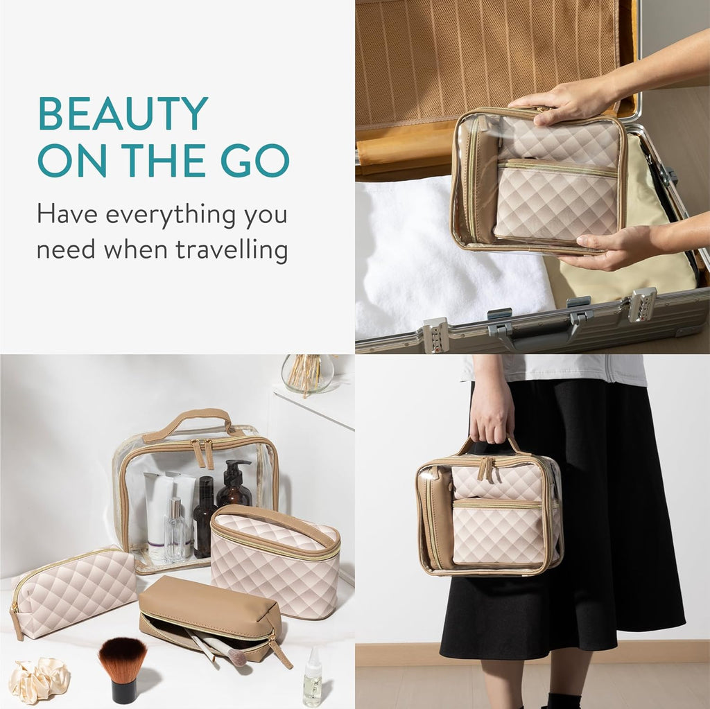 Navaris 4-in-1 Travel Cosmetic Bag Set - TSA-Approved Toiletry & Makeup Organizer Cases - Lightweight Portable Travel Storage - Brown
