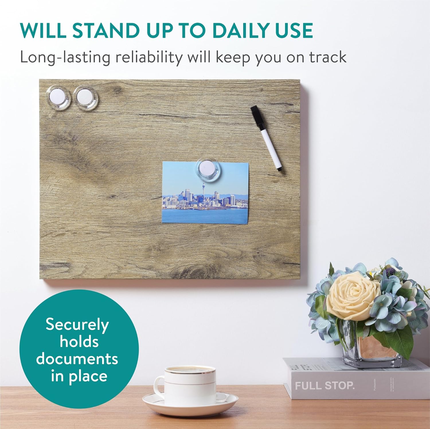 Navaris Frameless Magnetic Memo Board - 17 x 13 Inch Decorative Dry Erase Whiteboard for Wall - Dark Wood Magnet Display Board with Pre-Mounted Hangers