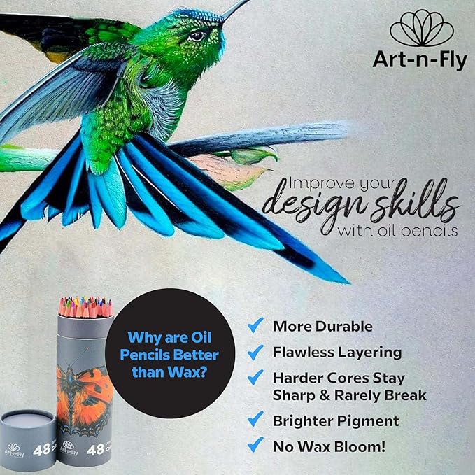 Art-n-Fly 48 Oil Pastel Pencils Set, Oil-Based Colored Pencils with Soft Core & Skin Tone Colors, Professional Drawing, Sketching and Adult Coloring Pencils for Artists