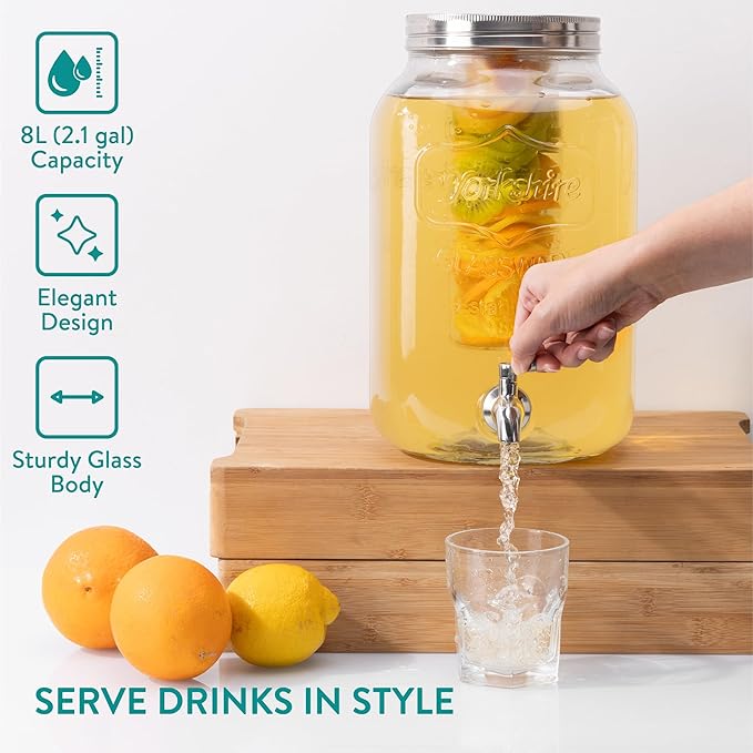 Navaris Drink Dispenser with Tap – 2.1 Gallon (8L) Glass Beverage Dispenser with Fruit Infuser & Ice Insert for Parties, Home & Office