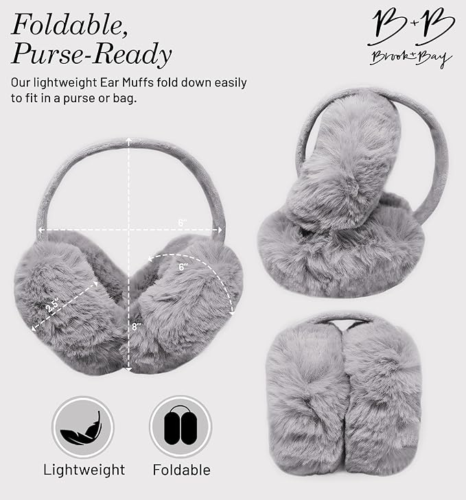 Brook + Bay Foldable Faux Fur Earmuffs - Adjustable Velvet Lined Ear Warmers for Women, Men & Kids - Gray