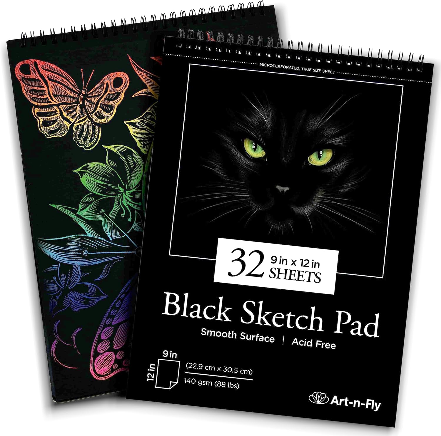 ArtNFly Black Sketch Pad 9" x 12", 32 Sheets, 88 lb Spiral Bound Black Drawing Paper Sketchbook with Perforated Pages for Colored Pencils, Graphite, Charcoal, Pastels & Gel Pens