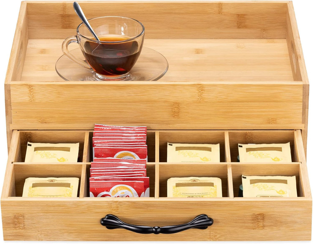 Navaris Bamboo Tea Box & Serving Tray – 12 Compartment Tea Storage Organizer with Removable Carry Tray & Tea Bag Drawer