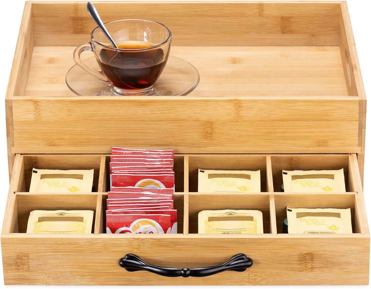 Navaris Bamboo Tea Box & Serving Tray – 12 Compartment Tea Storage Organizer with Removable Carry Tray & Tea Bag Drawer