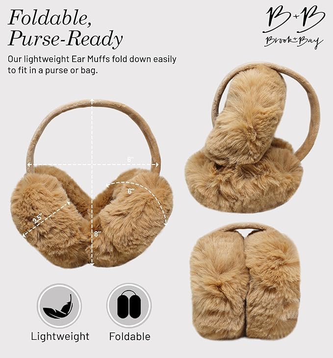 Brook + Bay Foldable Faux Fur Earmuffs - Adjustable Velvet Lined Ear Warmers for Women, Men & Kids - Brown