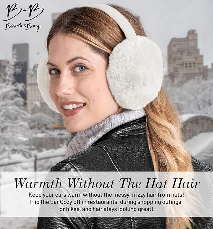 Brook + Bay Foldable Faux Fur Earmuffs - Adjustable Velvet Lined Ear Warmers for Women, Men & Kids - White