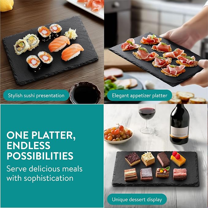 Navaris Slate Plates Set of 6 – Food-Safe Natural Black Slate Cheese & Charcuterie Serving Boards (9.1" x 5.9")