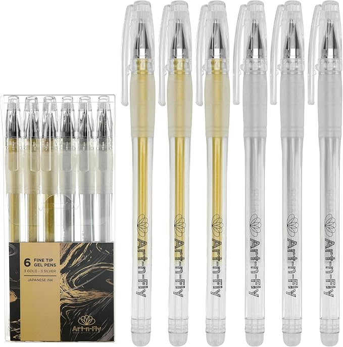 Art-n-Fly Gold & Silver Gel Pens, 6 Pack Metallic Fine Point Gel Pens, 0.7mm Tip with Japanese Archival Ink, Opaque Gold & Silver Pens for Black Paper, Drawing, Sketching, Journaling & Writing