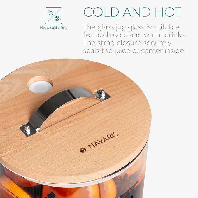 Navaris Beverage Dispenser with Stand – 1.3 Gallon (5L) Glass Drink Dispenser with Stainless Steel Spigot & Natural Beech Wood Stand