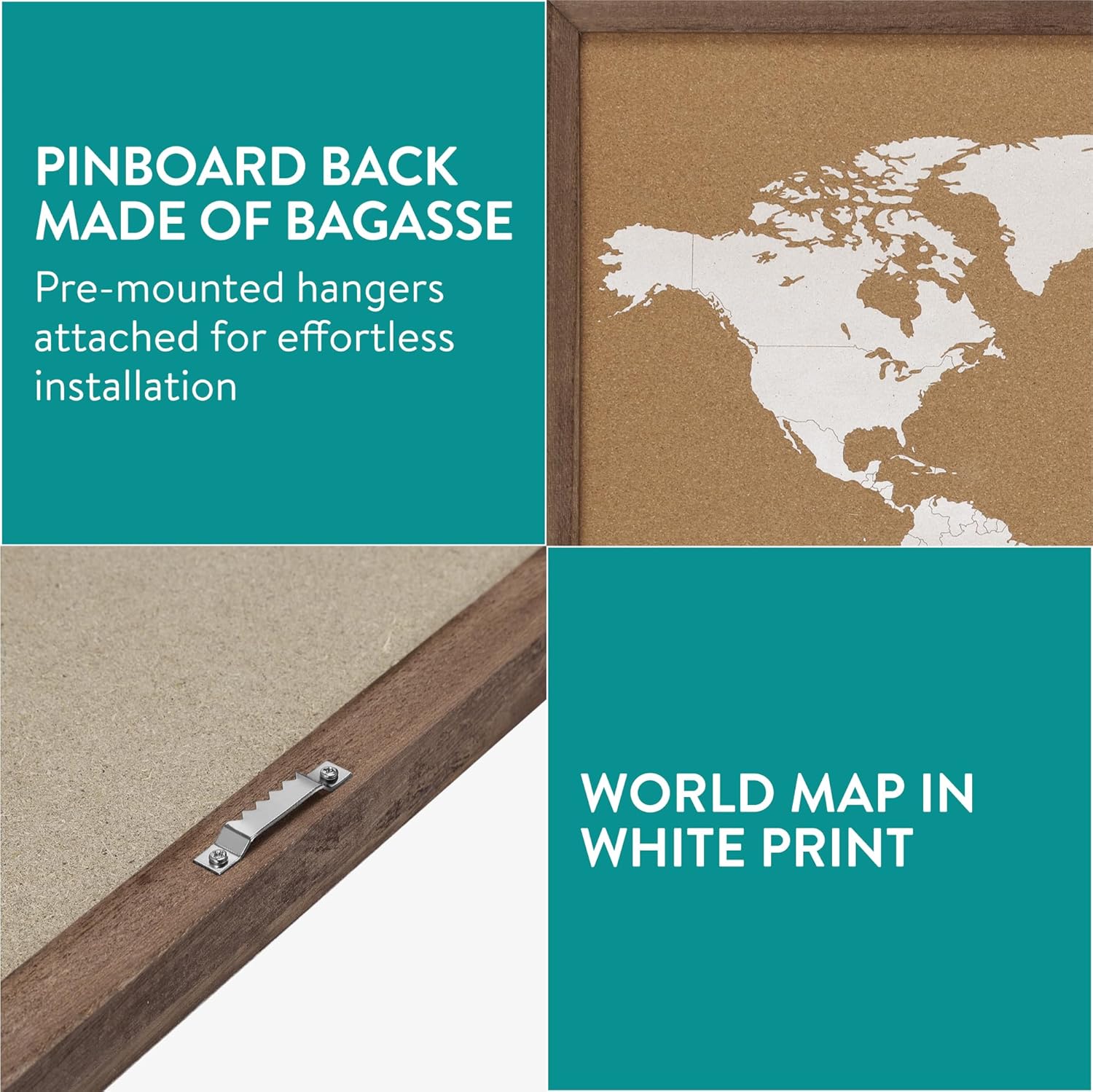 Navaris Cork World Map Pinboard with Wood Frame - 70 x 50 cm Travel Bulletin Cork Board - Push Pin World Map Includes Pins
