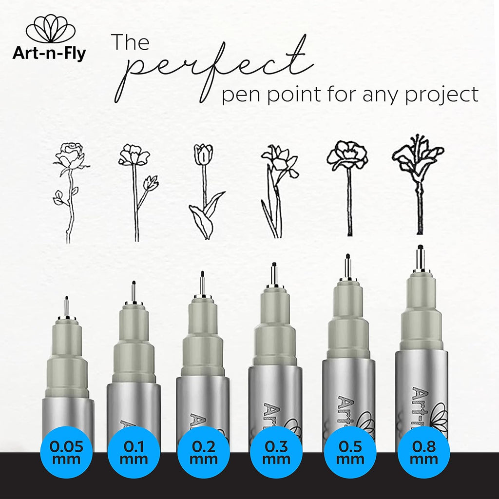 Art-n-Fly Micro Pen Set, 6 Assorted Tip Sizes, Black Waterproof Fineliner Pens with Japanese Archival Pigment Ink, Quick-Dry, No-Bleed Fine Point Pens for Drawing, Sketching, Manga & Illustration