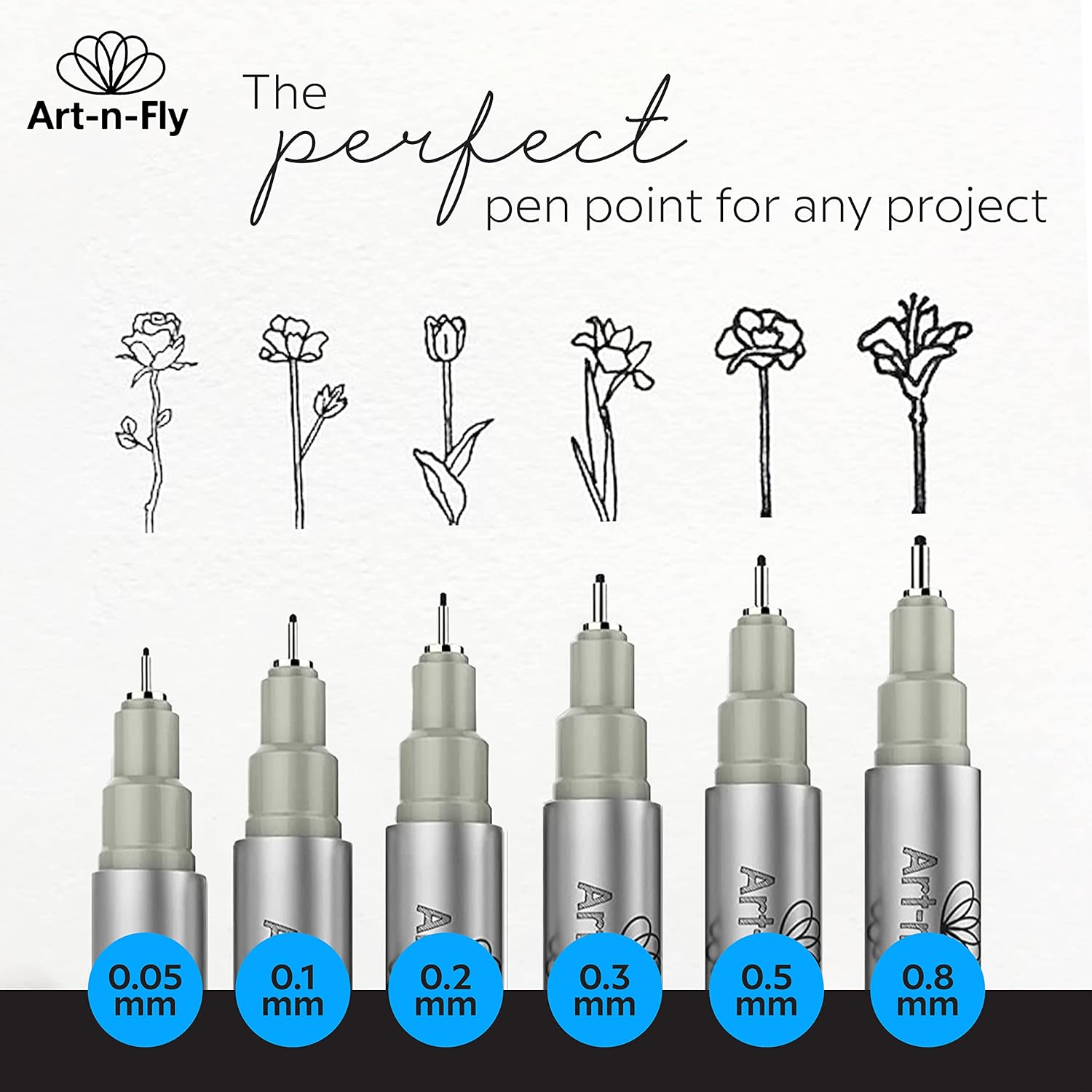 Art-n-Fly Micro Pen Set, 6 Assorted Tip Sizes, Black Waterproof Fineliner Pens with Japanese Archival Pigment Ink, Quick-Dry, No-Bleed Fine Point Pens for Drawing, Sketching, Manga & Illustration