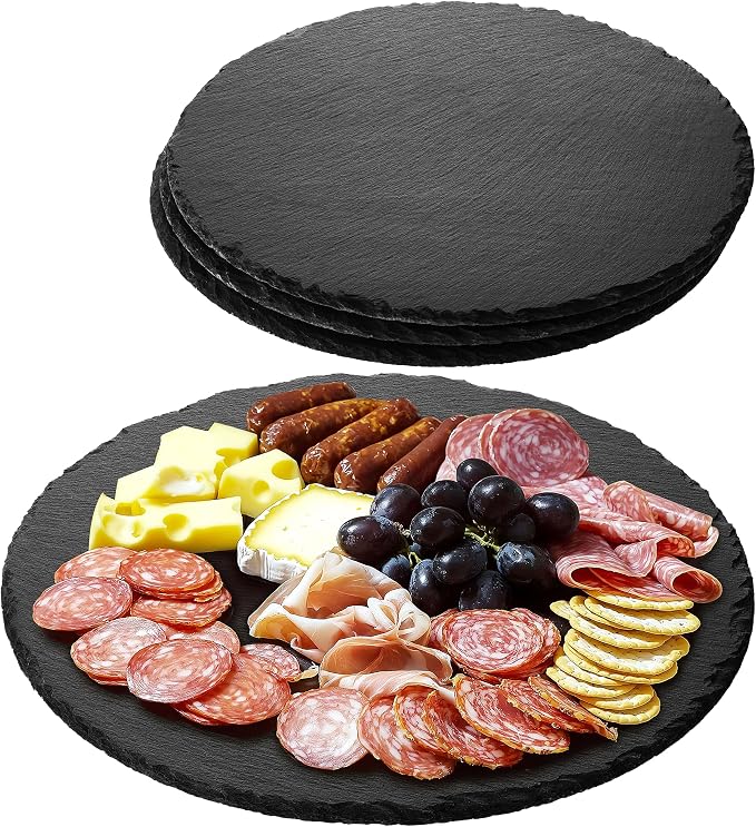 Navaris Round Slate Plate Placemats Set of 4 – 28cm Natural Slate Serving Plates with Chalk for Sushi, Cheese & Appetizers