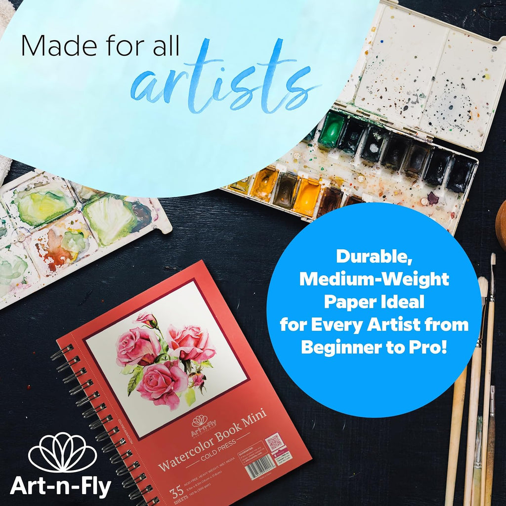 Art-n-Fly A5 Watercolour Sketchpad 2-Pack, 8.5" x 5.5" (22 x 14 cm), 70 Sheets Total, 300 gsm / 140 lb Cold Press Watercolor Paper, Spiral Bound with Microperforated Pages for Painting, Drawing & Mixed Media