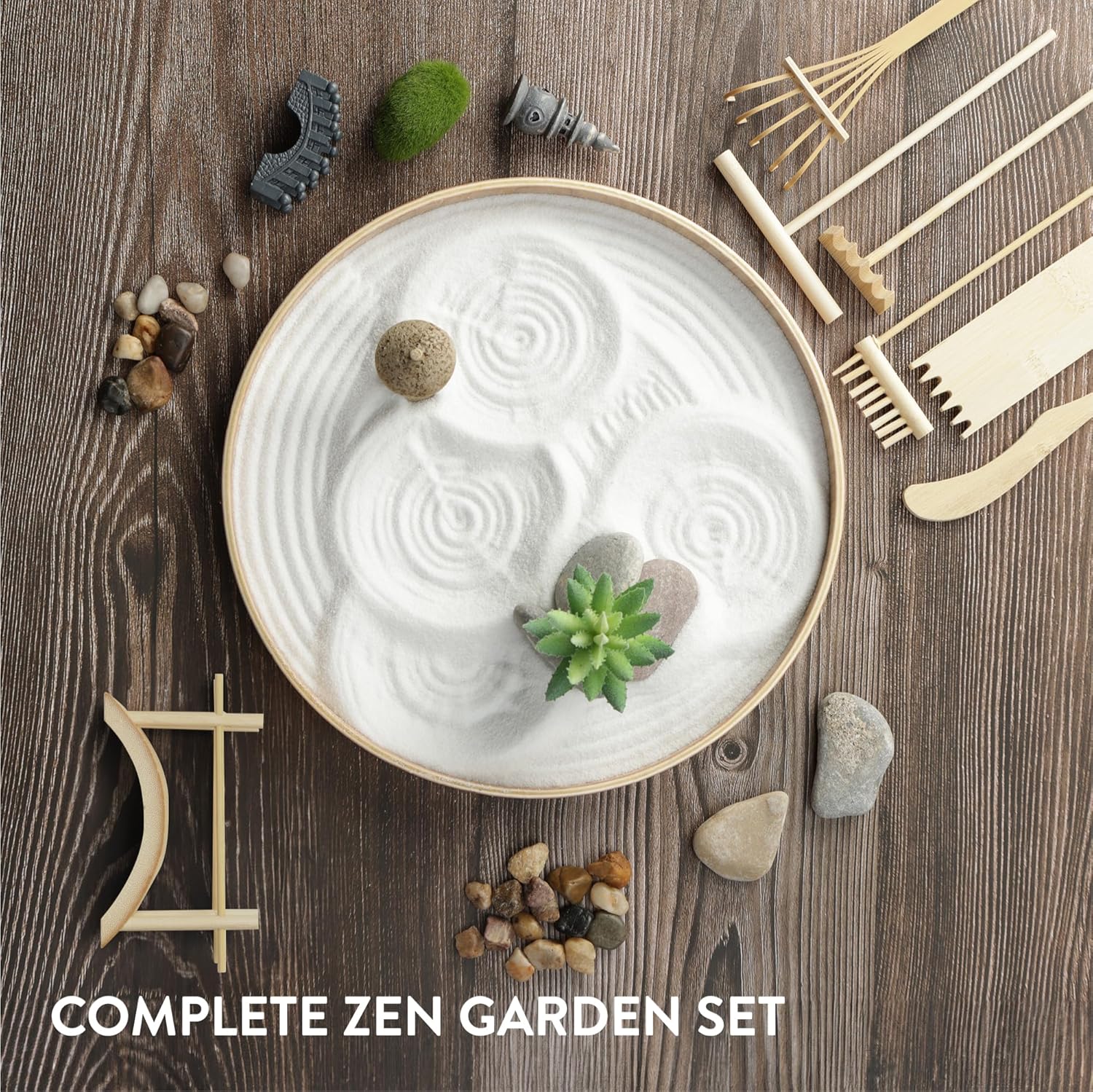 Navaris Zen Garden Kit – Mini Japanese Sand Garden with White Sand, Meditation Stones & Decorative Ornaments, Round MDF Tray