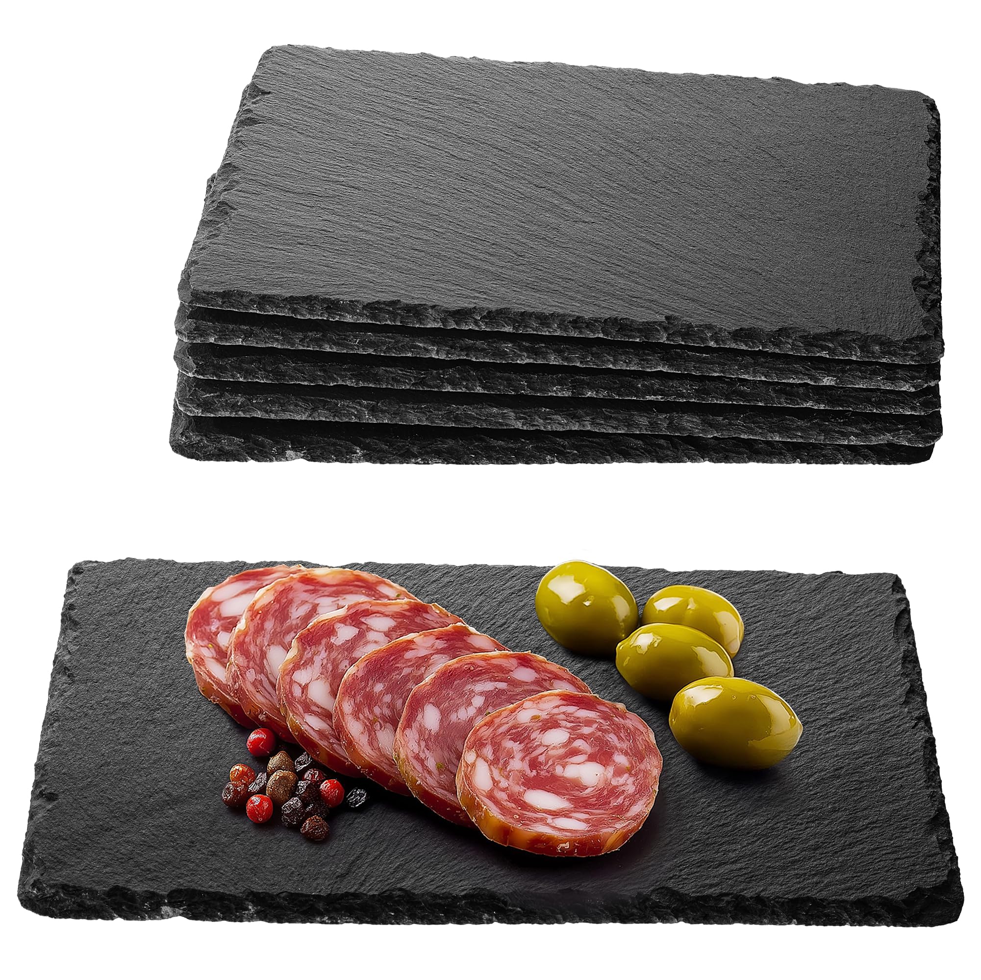 Navaris Slate Plates Set of 6 – Food-Safe Natural Black Slate Cheese & Charcuterie Serving Boards (9.1" x 5.9")