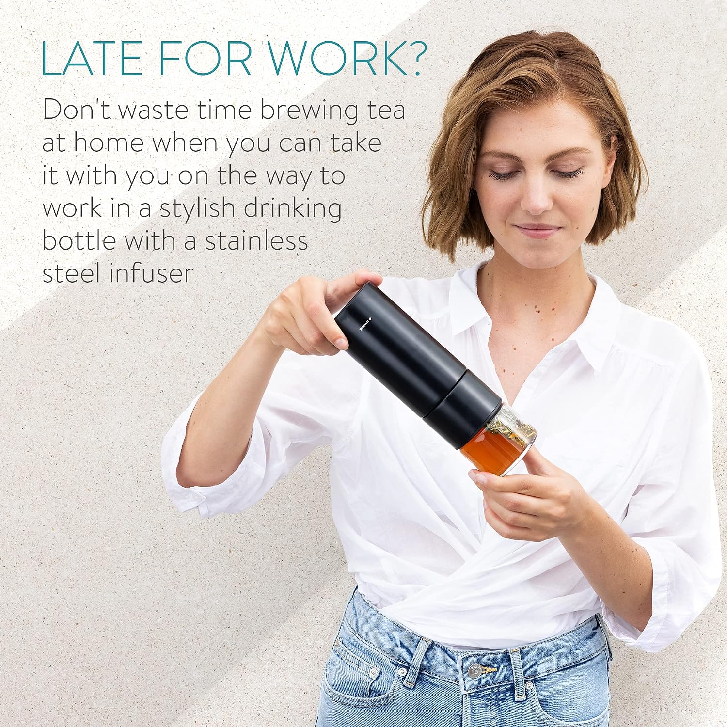 Navaris Steel Tea Bottle 300ml – Insulated Stainless Steel Tea Infuser Bottle with Glass Lid for Tea & Coffee On-the-Go – Black