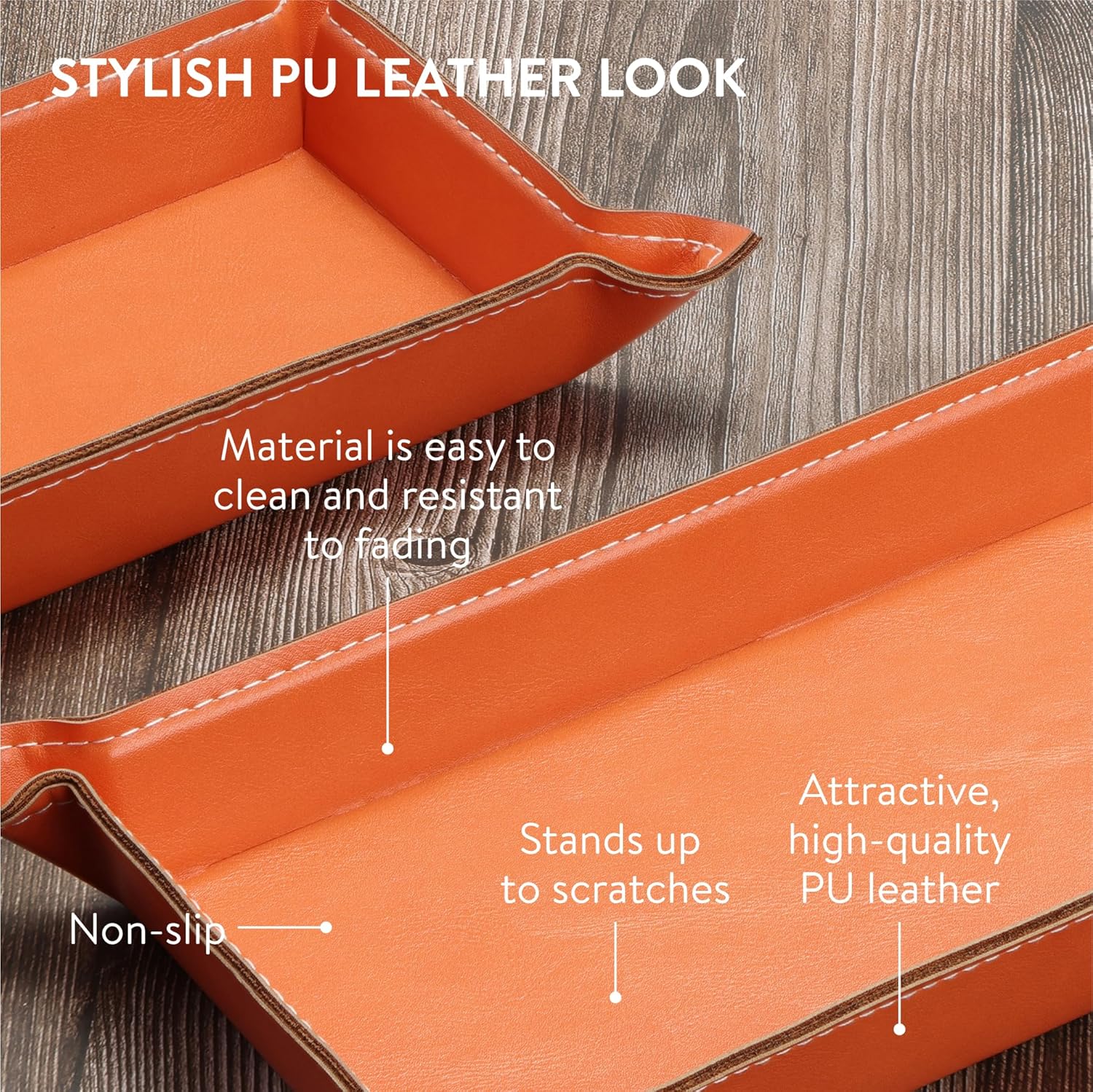 Navaris PU Leather Tray Set - 2 Piece Valet Tray & Trinket Organizer - Key, Watch, Jewelry & Desk Storage Tray Set - Orange