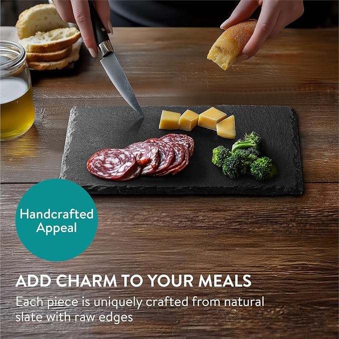 Navaris Slate Plates Set of 6 – Food-Safe Natural Black Slate Cheese & Charcuterie Serving Boards (9.1" x 5.9")