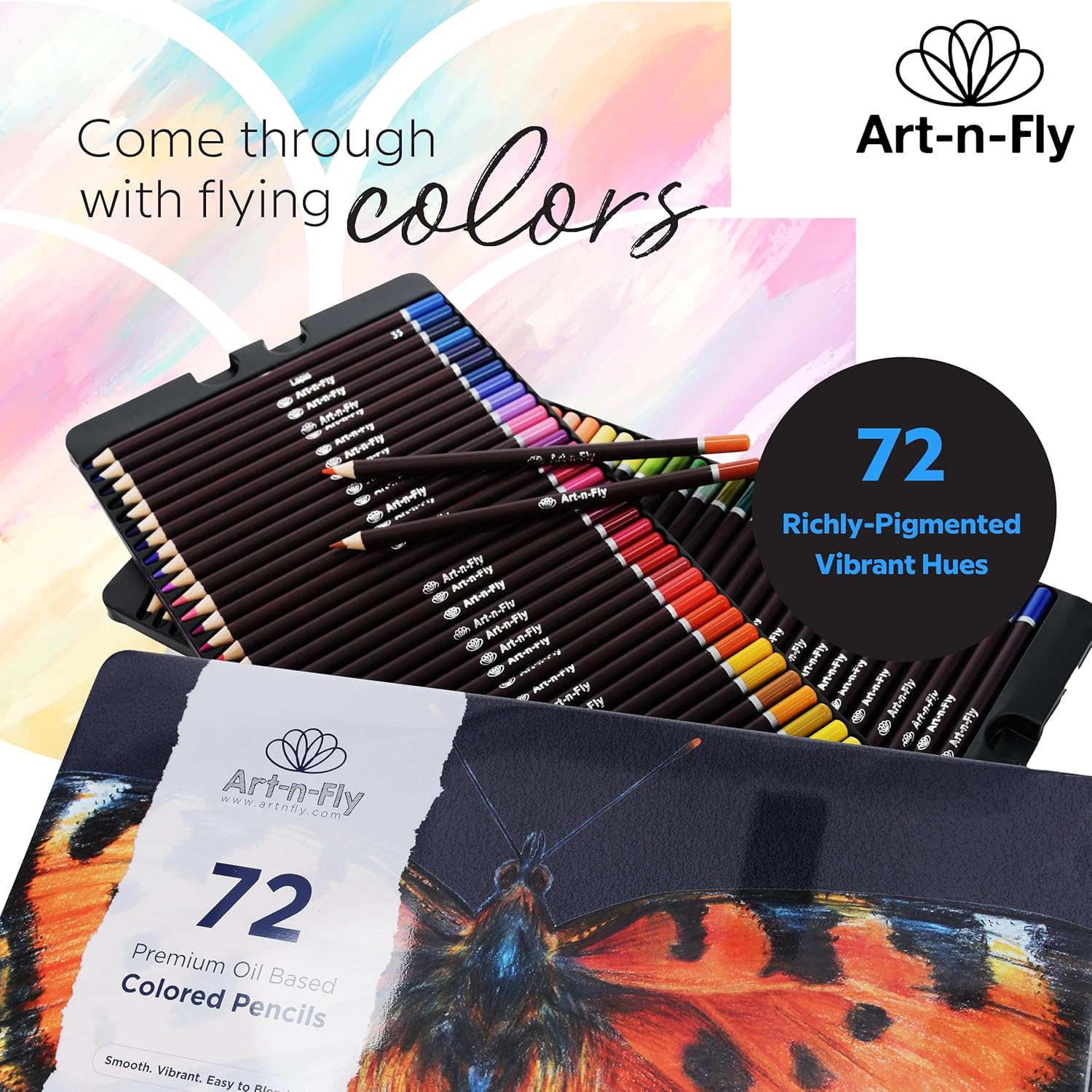 Art-n-Fly 72 Professional Oil-Based Colored Pencils Set, Soft Core Art Pencils with Skin Tone Colors, Premium Drawing, Sketching & Adult Coloring Pencils in Metal Storage Case for Artists