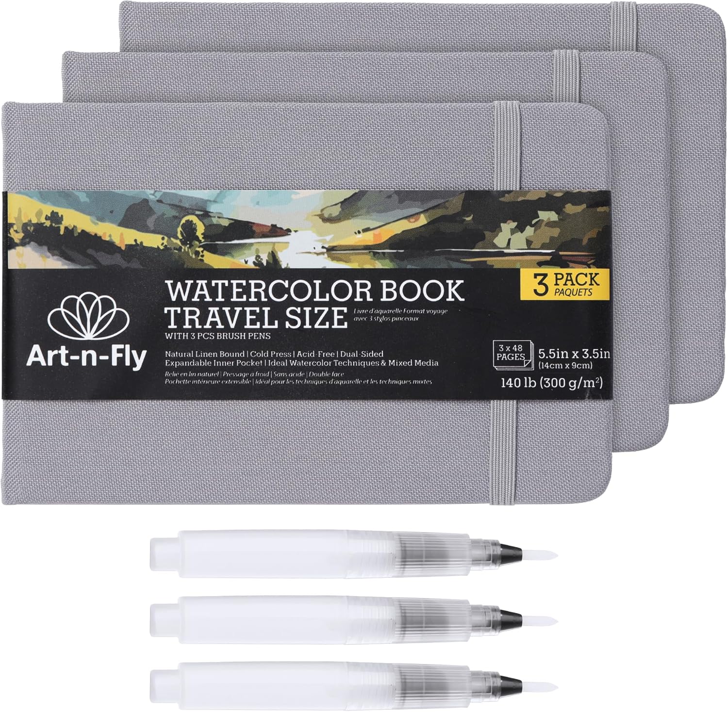 Art N Fly Watercolor Workbook Set, 3 Watercolor Sketchbooks & 3 Brush Tip Markers, Travel Painting Journal Kit for Watercolor Art, Sketching, Journaling & Creative Projects