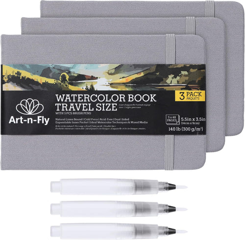 Art N Fly Watercolor Workbook Set, 3 Watercolor Sketchbooks & 3 Brush Tip Markers, Travel Painting Journal Kit for Watercolor Art, Sketching, Journaling & Creative Projects