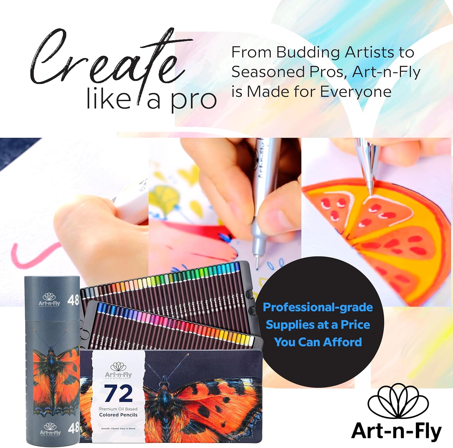Art-n-Fly 72 Professional Oil-Based Colored Pencils Set, Soft Core Art Pencils with Skin Tone Colors, Premium Drawing, Sketching & Adult Coloring Pencils in Metal Storage Case for Artists