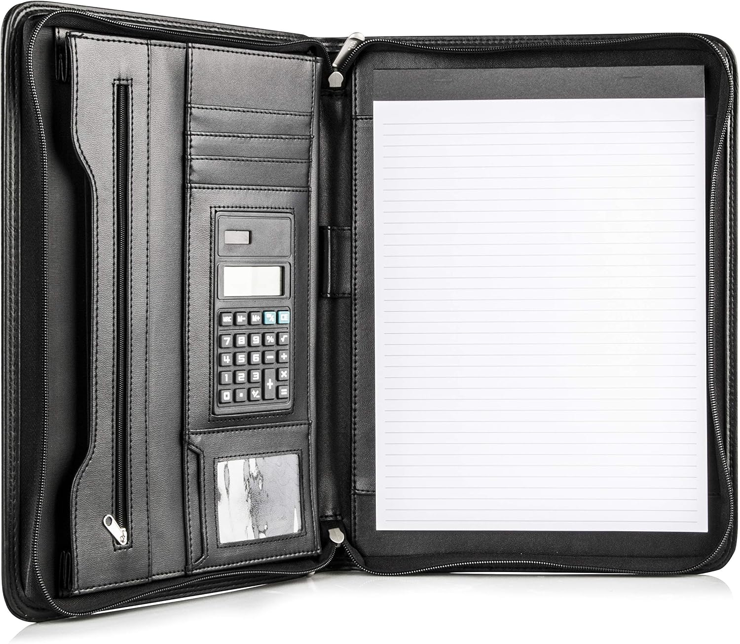 Zippered Leather Portfolio Organizer with Calculator & Notepad – Professional Business Padfolio
