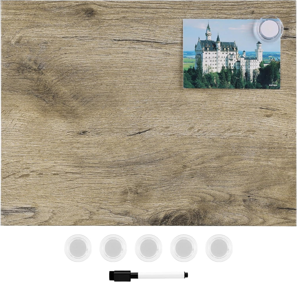 Navaris Frameless Magnetic Memo Board - 17 x 13 Inch Decorative Dry Erase Whiteboard for Wall - Dark Wood Magnet Display Board with Pre-Mounted Hangers