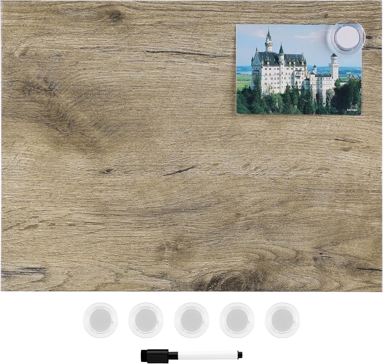 Navaris Frameless Magnetic Memo Board - 17 x 13 Inch Decorative Dry Erase Whiteboard for Wall - Dark Wood Magnet Display Board with Pre-Mounted Hangers