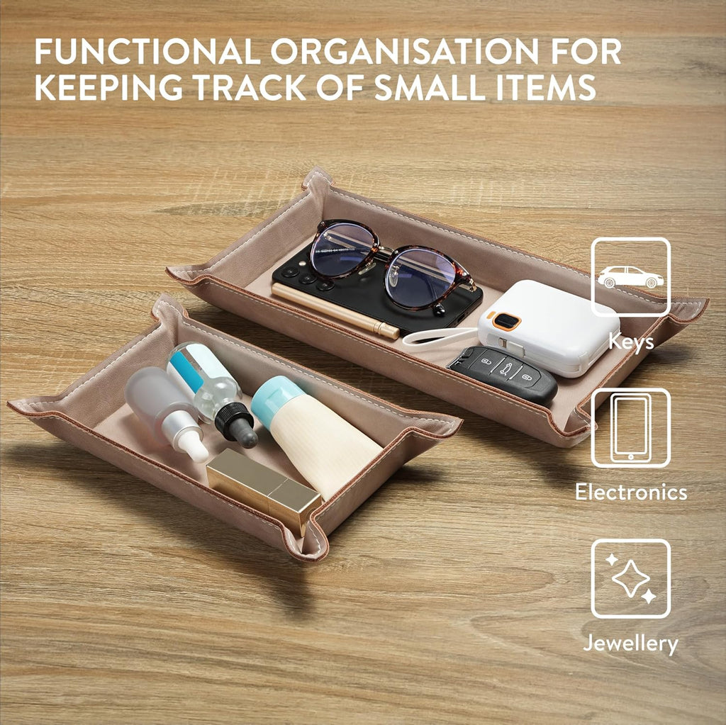 Navaris PU Leather Tray Set - 2 Piece Valet Tray & Trinket Organizer - Key, Watch, Jewelry & Desk Storage Tray Set - Cream