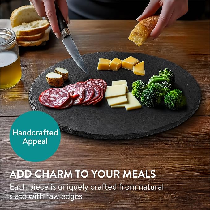 Navaris Round Slate Plate Placemats Set of 4 – 28cm Natural Slate Serving Plates with Chalk for Sushi, Cheese & Appetizers