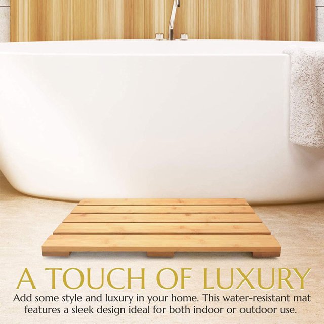 Bamboo Bathroom Shower Mat – Non-Slip Waterproof Wooden Bath Mat (Natural Bamboo Spa Style)