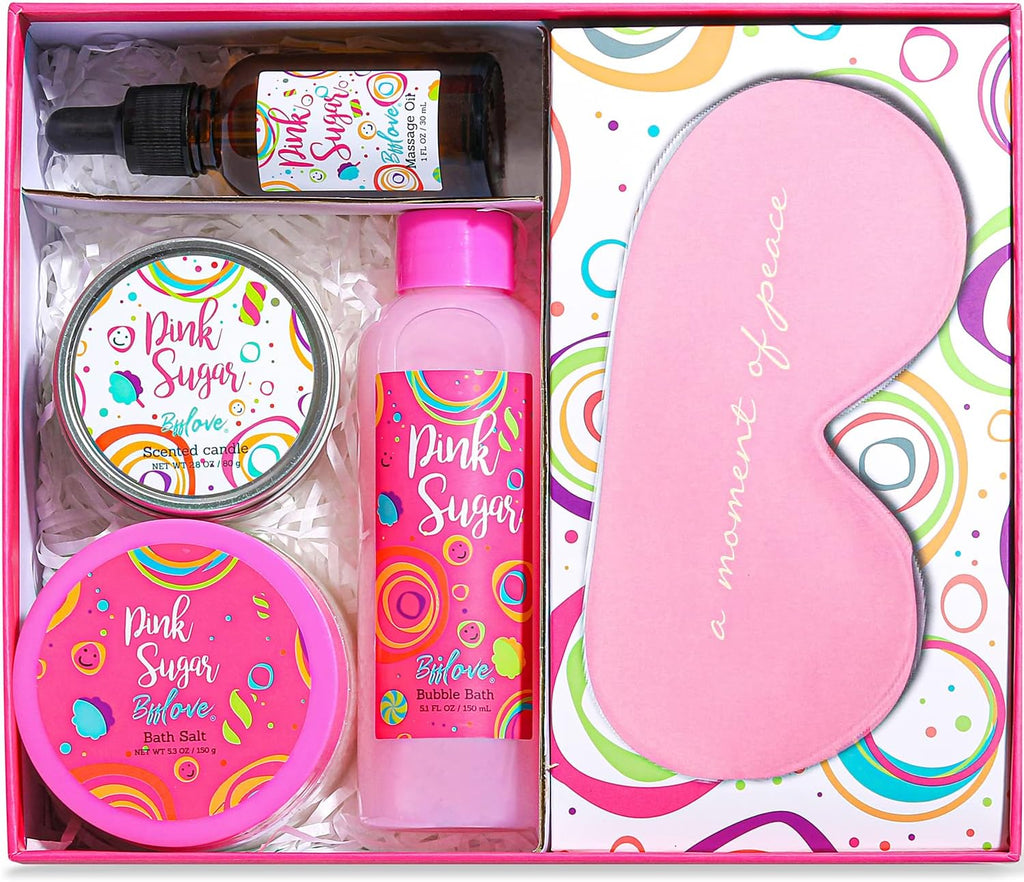 BFFlove Pink Sugar Spa Gift Set – Bubble Bath, Bath Salt, Massage Oil & Scented Candle Gift Box