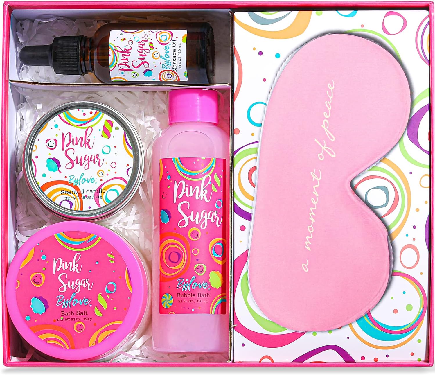 BFFlove Pink Sugar Spa Gift Set – Bubble Bath, Bath Salt, Massage Oil & Scented Candle Gift Box