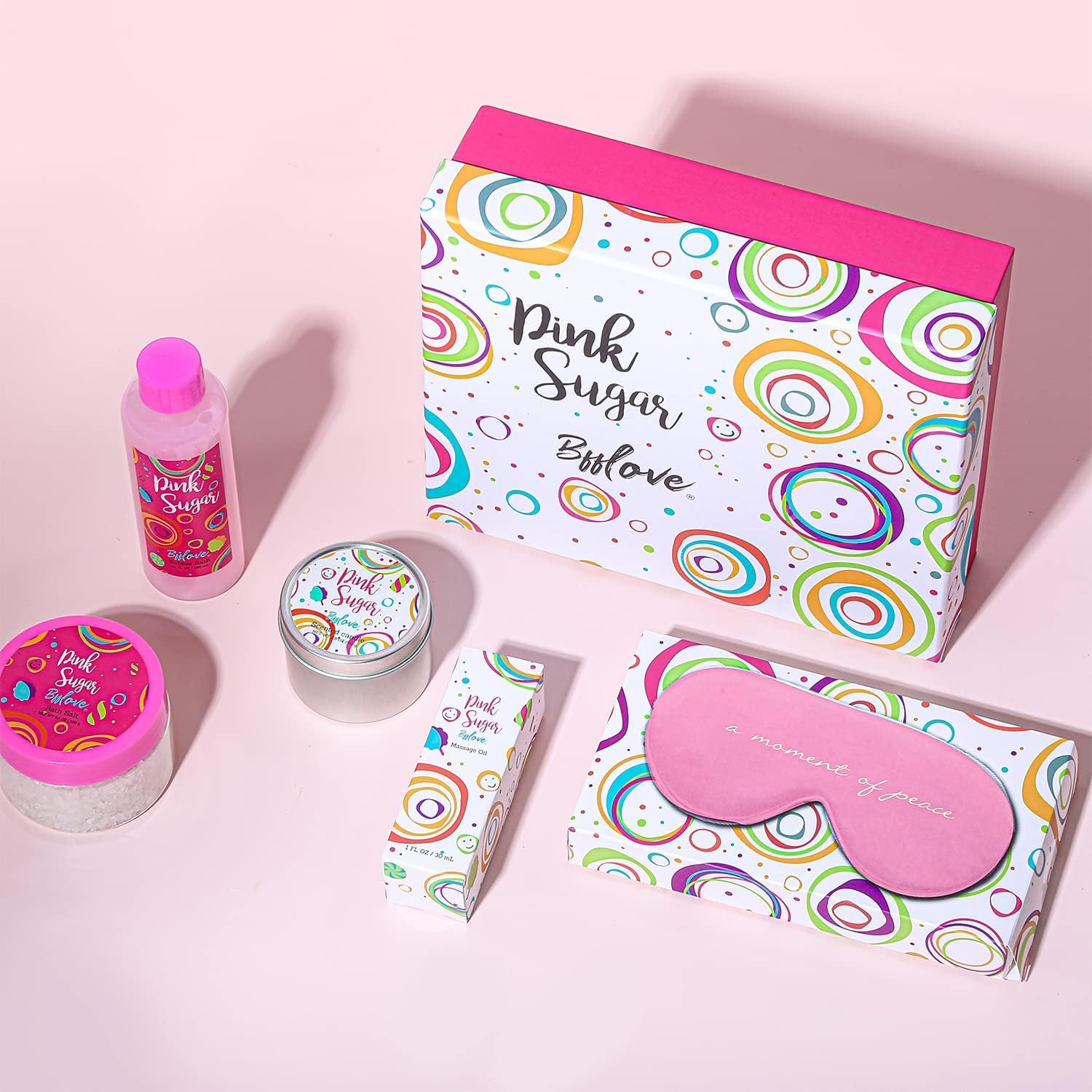 BFFlove Pink Sugar Spa Gift Set – Bubble Bath, Bath Salt, Massage Oil & Scented Candle Gift Box