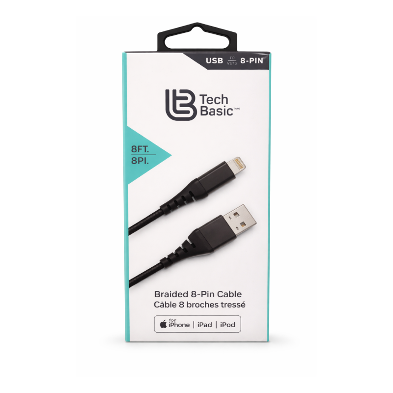 Tech Basic USB to Lightning (8-Pin) Braided Charging Cable – 8 ft (2.4 m) Fast Charge & Sync for iPhone, iPad & iPod