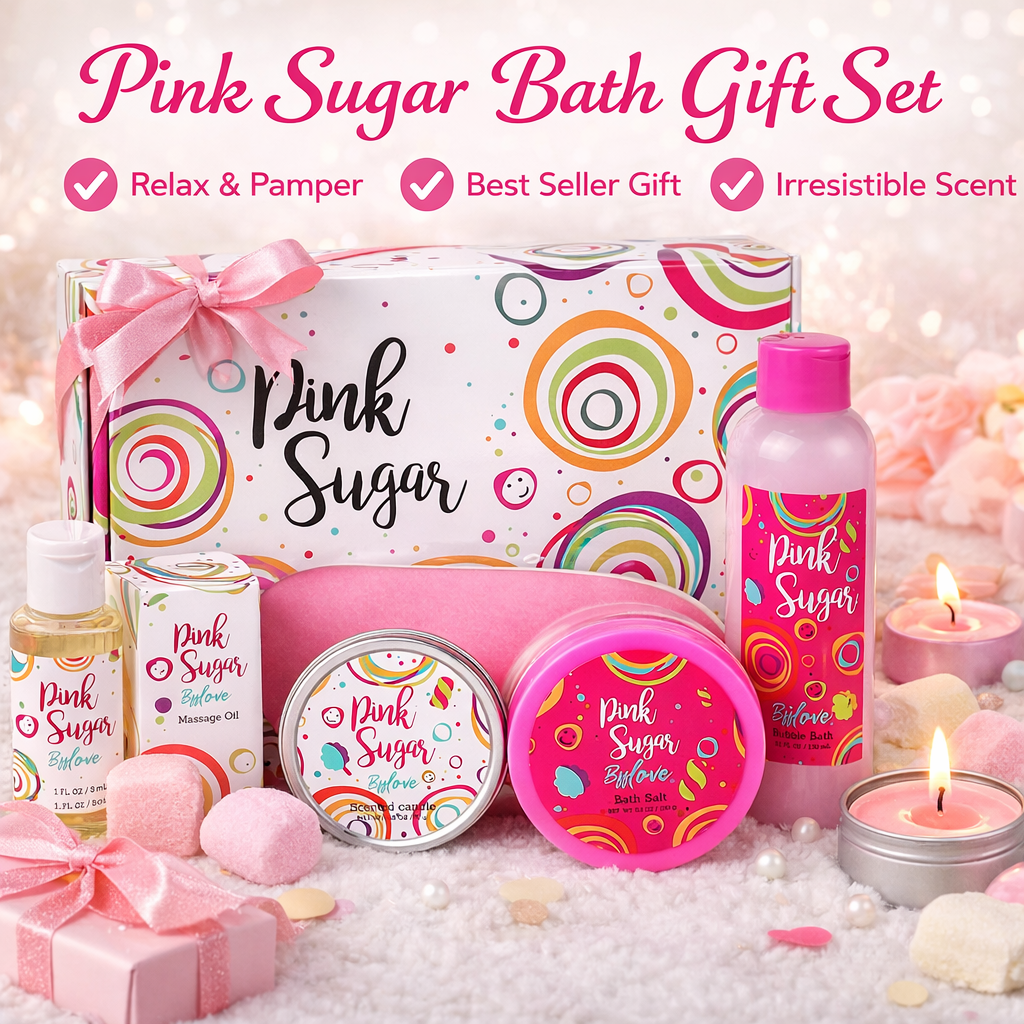BFFlove Pink Sugar Spa Gift Set – Bubble Bath, Bath Salt, Massage Oil & Scented Candle Gift Box
