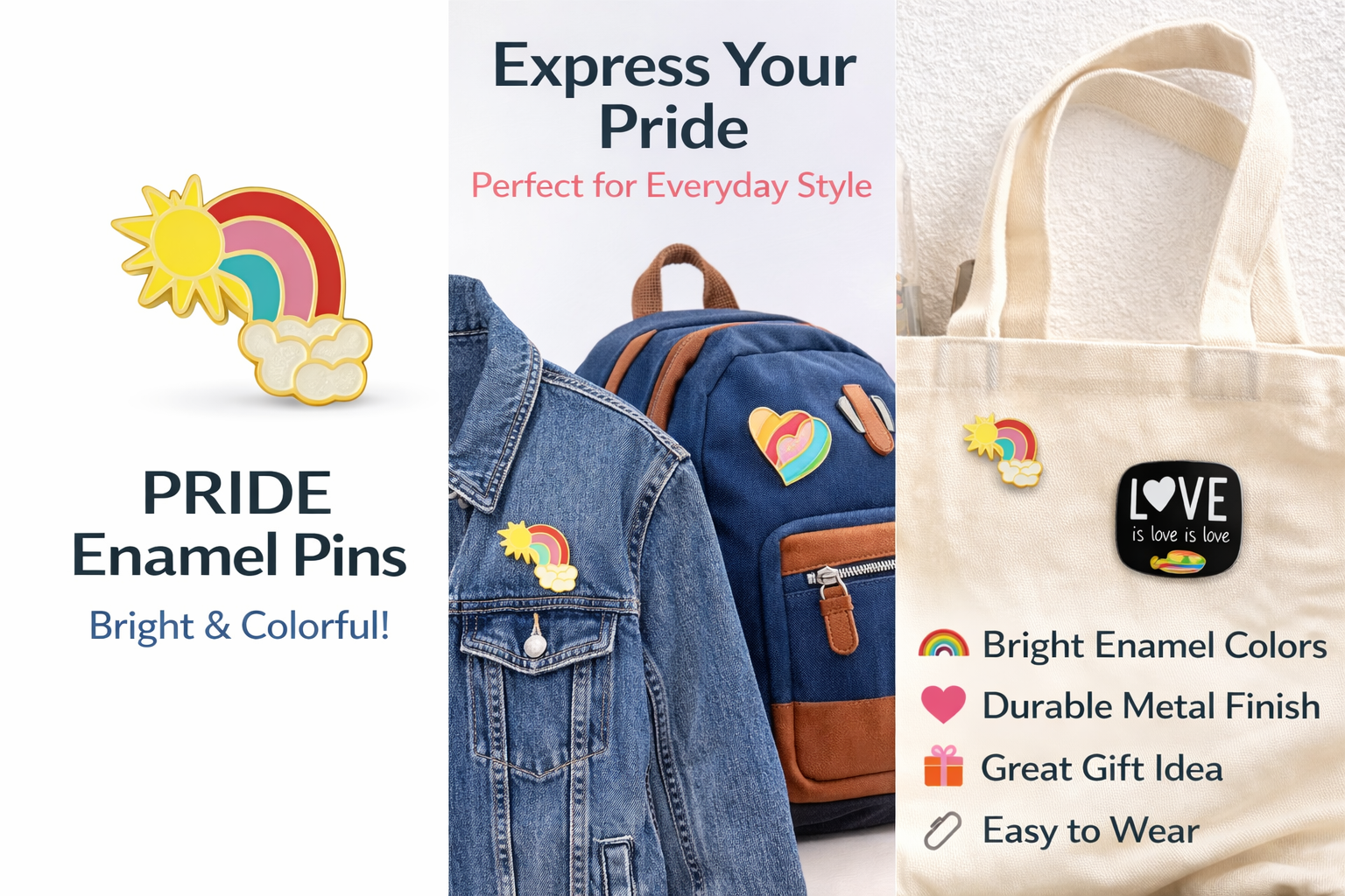 Pride Enamel Pins – Rainbow & Love Design Lapel Pins | LGBTQ+ Support Pins (Assorted Styles)