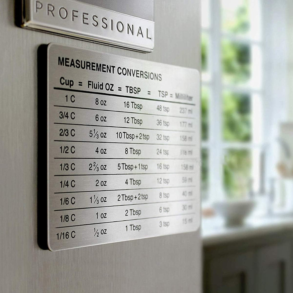 Magnetic Kitchen Conversion Chart – Stainless Steel Refrigerator Magnet with Cooking Measurement Guide (Cups, Tablespoons, Teaspoons, oz, mL)