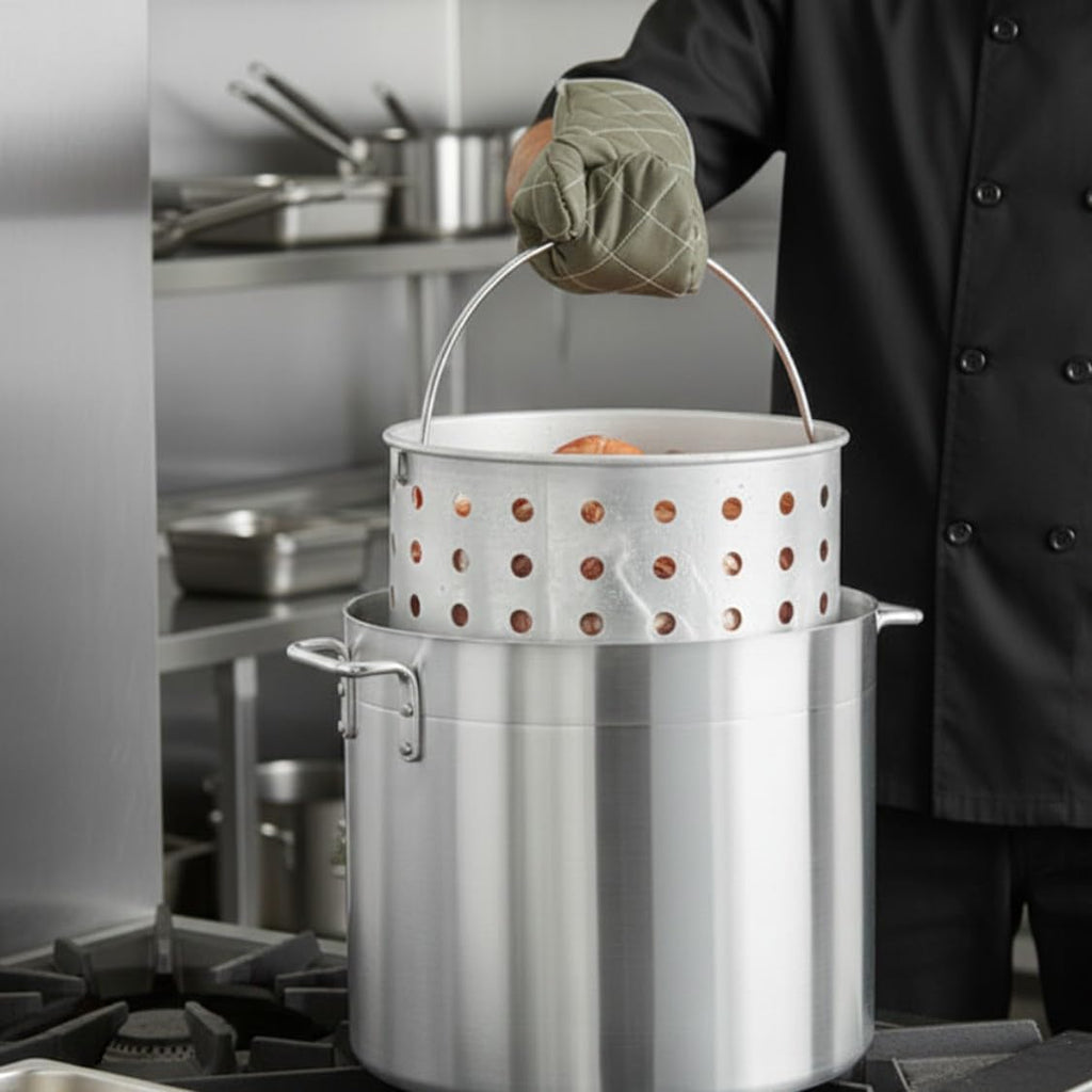 Large Aluminum Stock Pot with Strainer Basket – Heavy Duty Seafood Boiler / Outdoor Cooking Pot