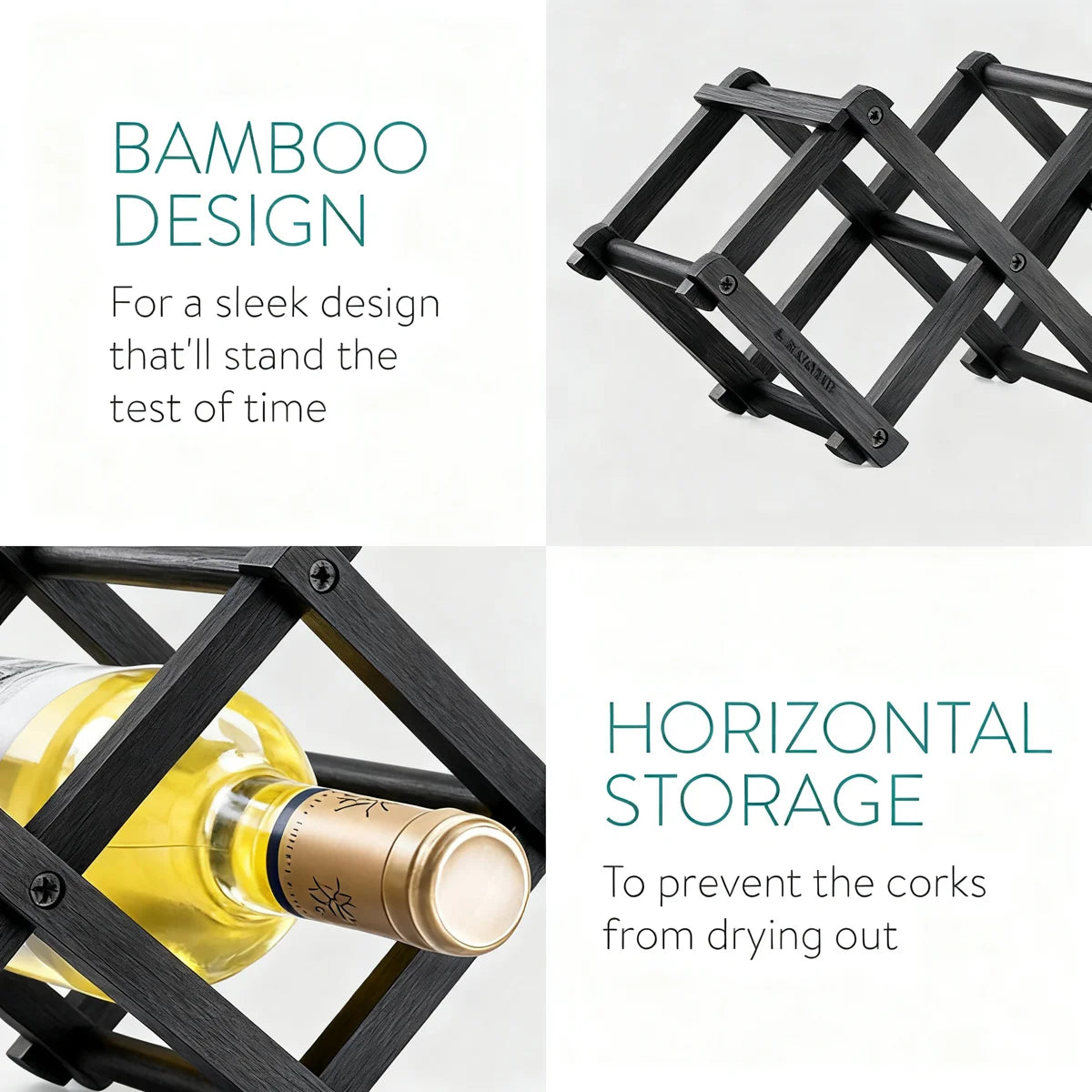 Navaris Bamboo Wine Rack – Foldable 5-Bottle Free Standing Wooden Wine Storage Rack (Black)