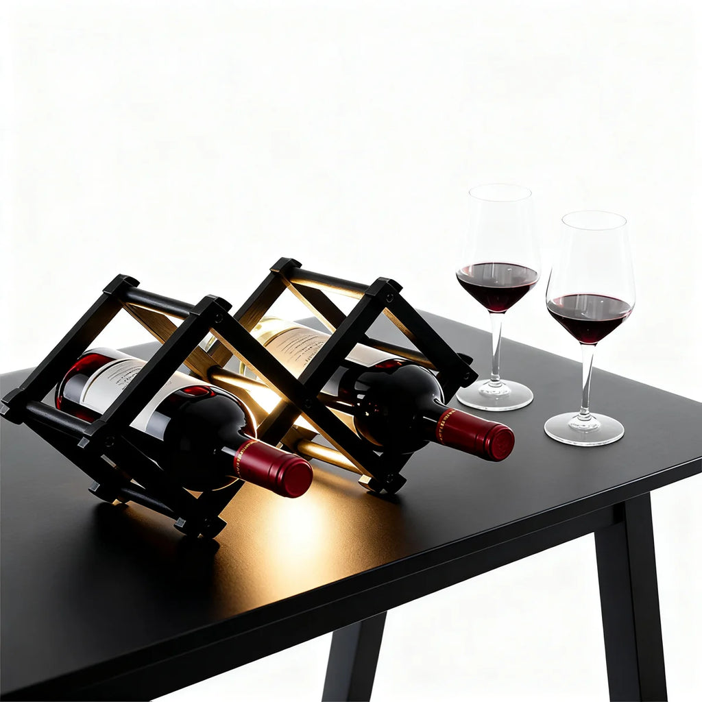 Navaris Bamboo Wine Rack – Foldable 5-Bottle Free Standing Wooden Wine Storage Rack (Black)