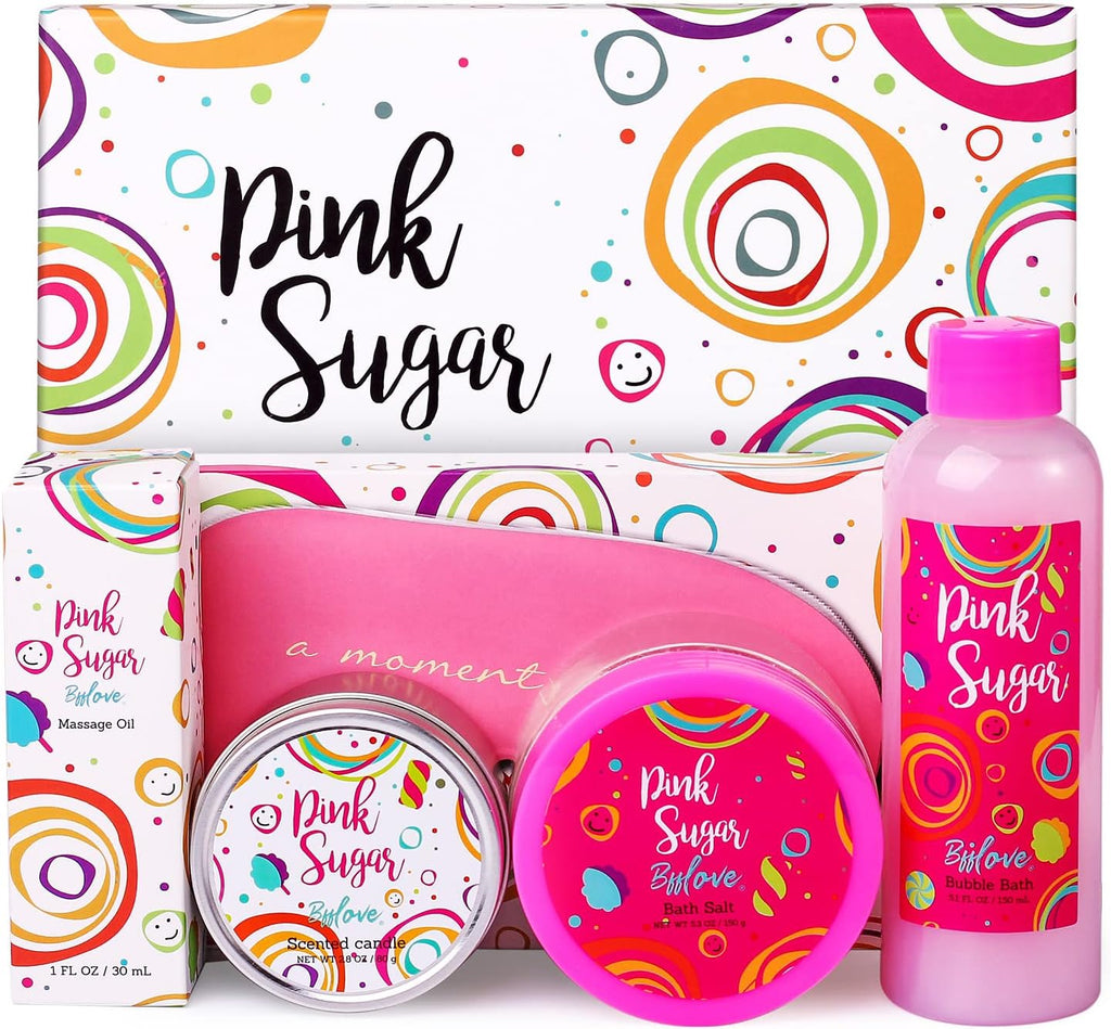 BFFlove Pink Sugar Spa Gift Set – Bubble Bath, Bath Salt, Massage Oil & Scented Candle Gift Box
