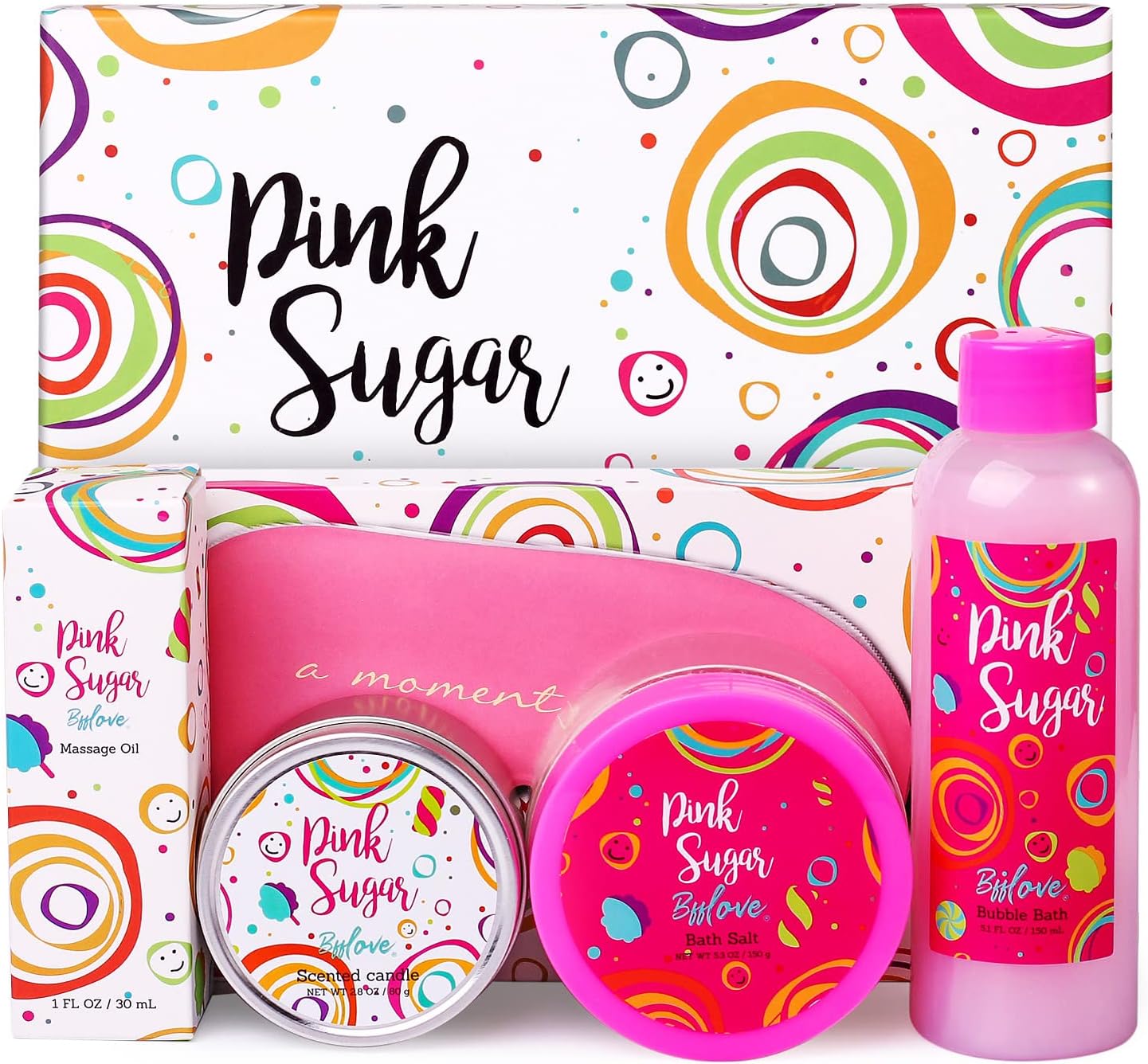 BFFlove Pink Sugar Spa Gift Set – Bubble Bath, Bath Salt, Massage Oil & Scented Candle Gift Box