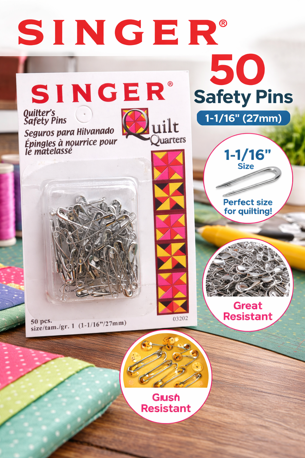 Singer Quilter's Safety Pins, Pack of 50