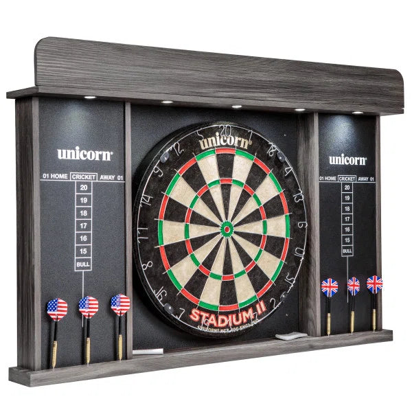 Unicorn Stadium II Lighted Dartboard Cabinet Set – Professional Bristle Dartboard with LED Lighting & Scoreboards